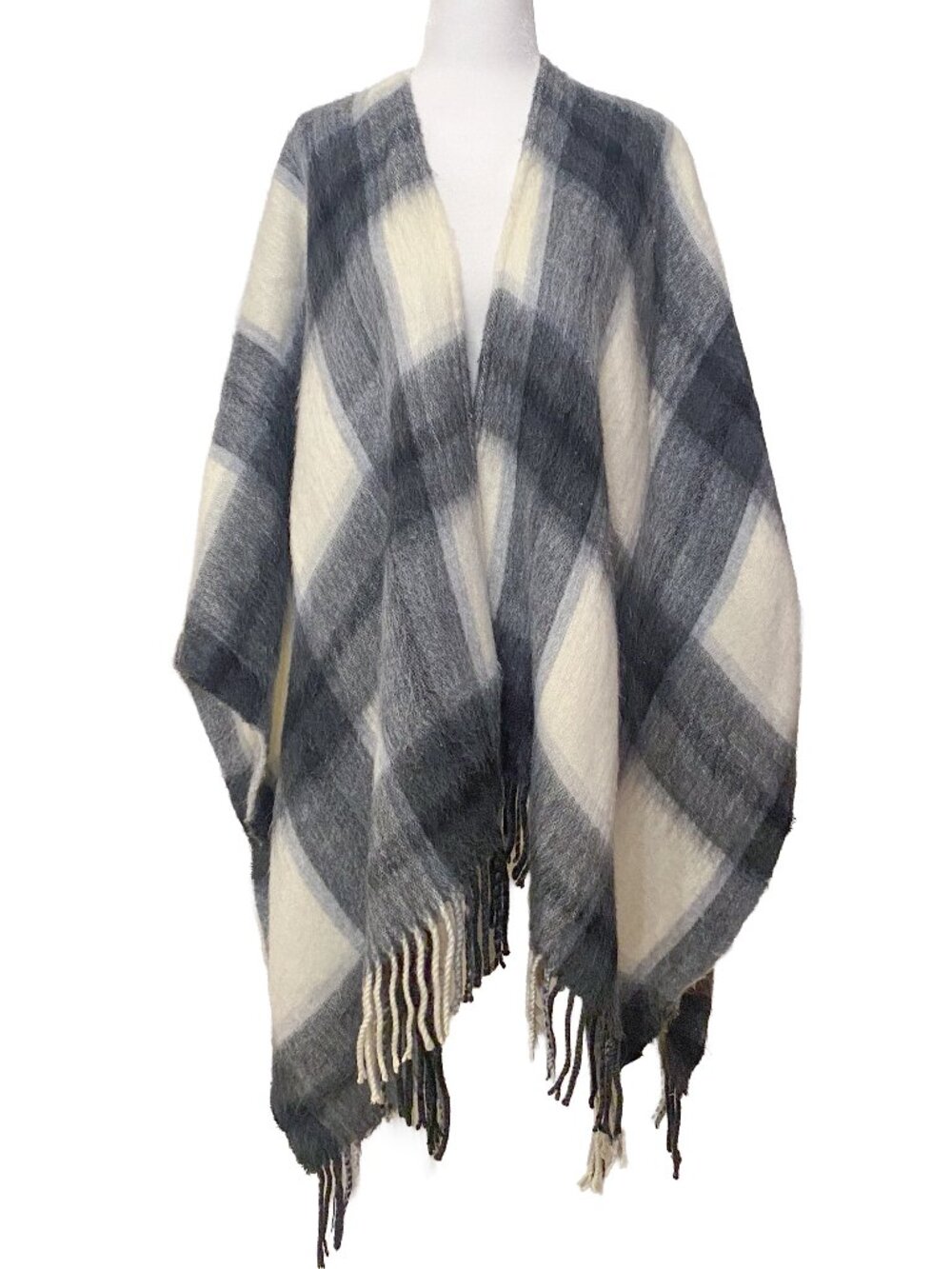 MARINE LAYER Black & White Buffalo Plaid Georgia Poncho Wrap Shawl Scarf Fringe
